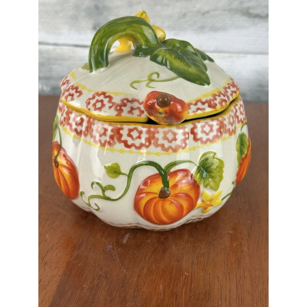 Temptations by Tara Old World Pumpkin Patch Pattern Ceramic Sugar Bowl W/ Spoon